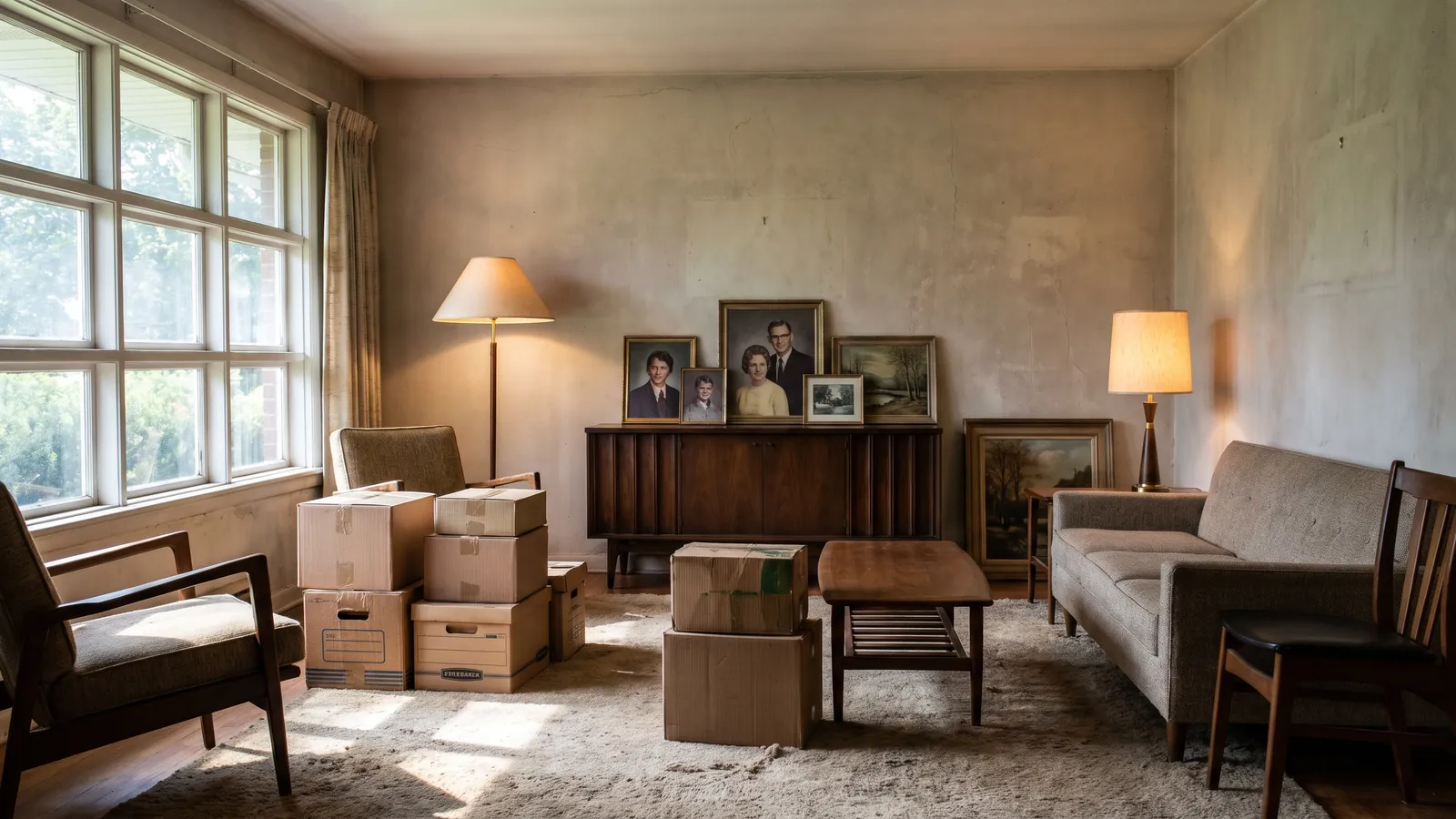 The living room of an older ranch home with furniture, lamps and boxes grouped into keep, donate and haul piles before a cleanout