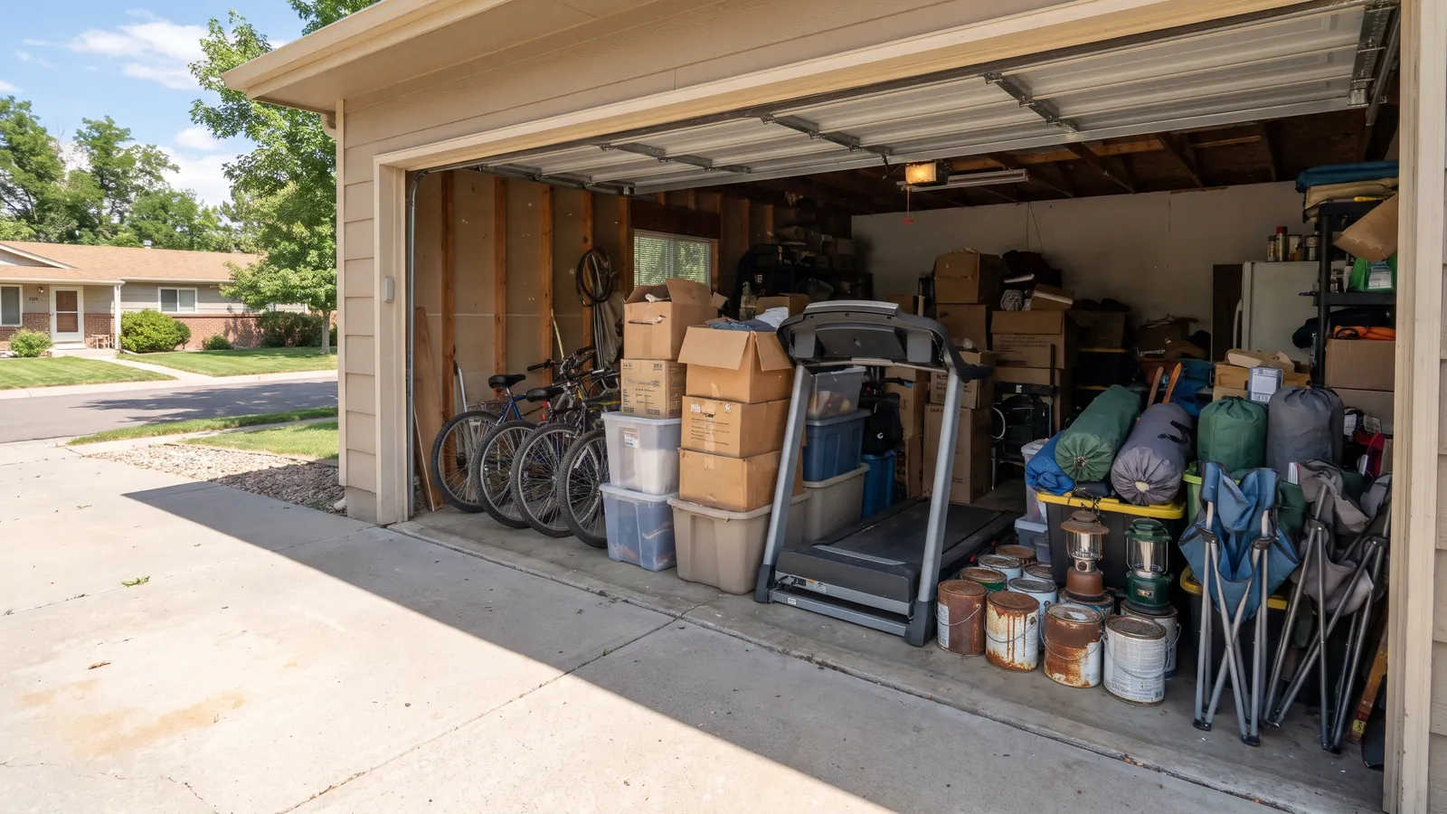 A two-car garage packed to the walls with boxes, old bikes, paint cans, a treadmill and bins, the door open to a sunny driveway