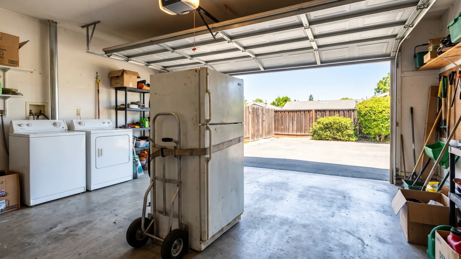 A white refrigerator strapped to an appliance dolly in an open two-car garage, a washer and dryer waiting beside it