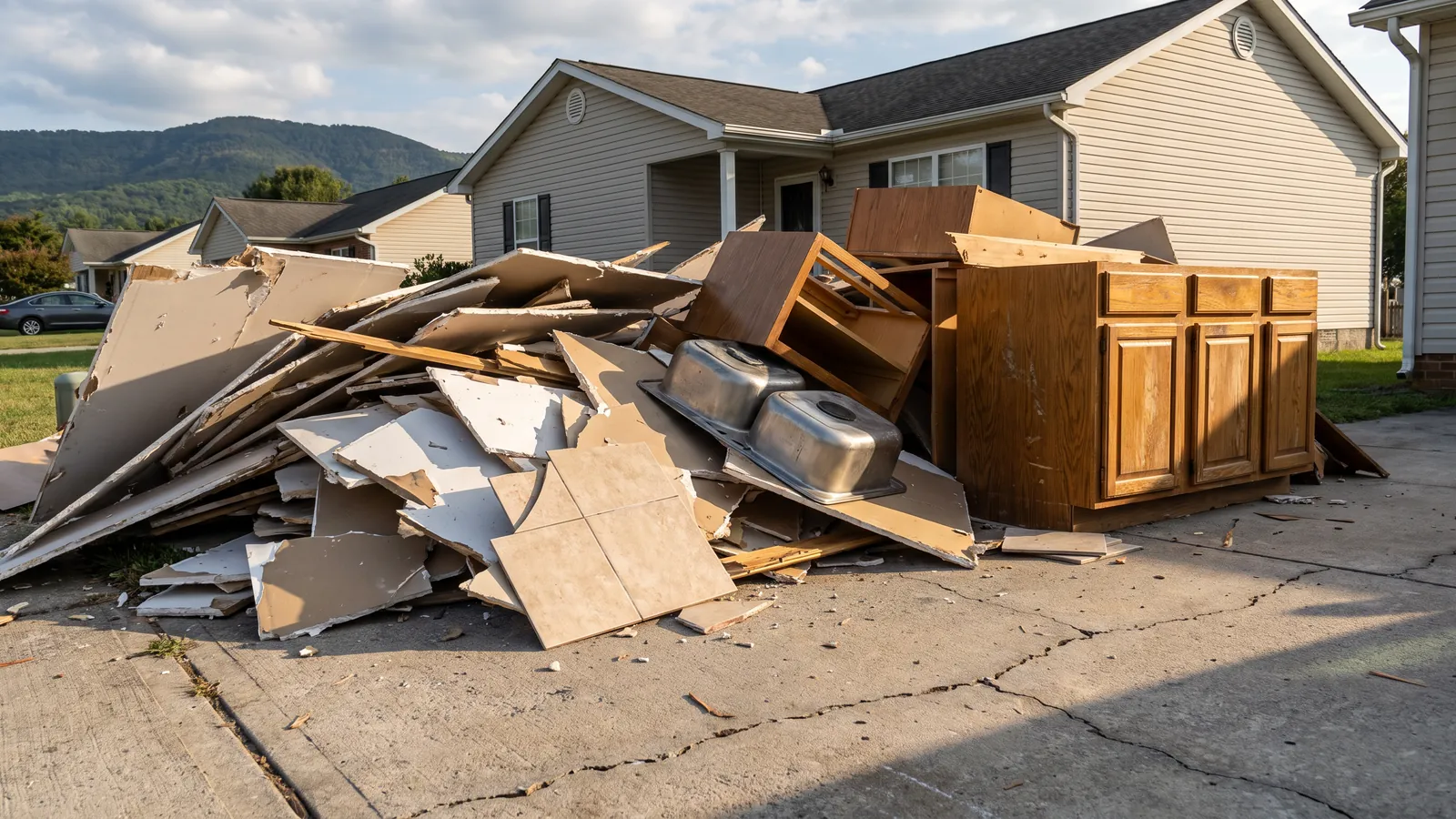 A pile of torn-out drywall, old kitchen cabinets, a sink and broken tile on a driveway after a remodel, ready to be loaded